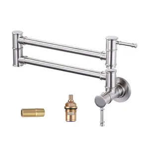 WOWOW Solid Brass Wall-Mount Double Handle Faucet - Brushed Nickel Folding Kitchen Pot Filler with 1-Hole Over-Stove Installation
