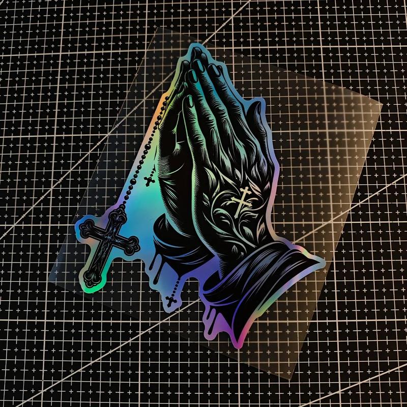 1PC Religious car sticker - Christian praying hands and cross, black gradient to purple - suitable for cars, trucks, motorcycles