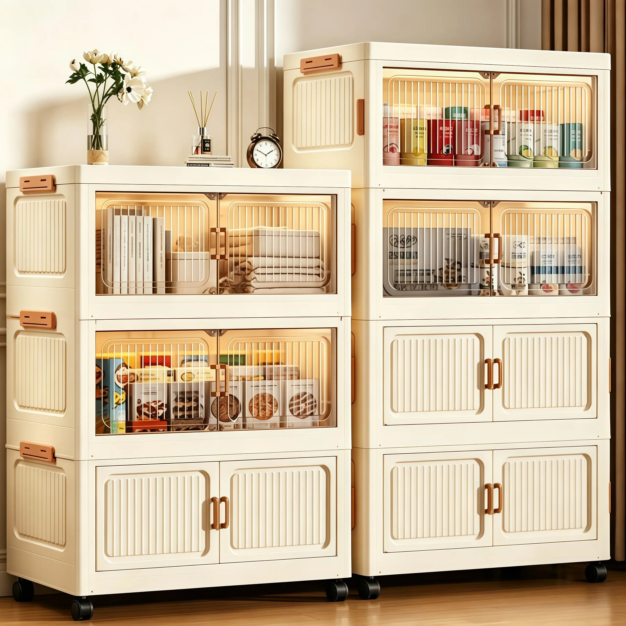 Foldable Double-Door Storage Cabinets - 3/4/5/6-Layer Multi-Functional Units for Storage Organization, Stackable Containers for Kitchen, Bedroom Use, Stackable Storage Containers