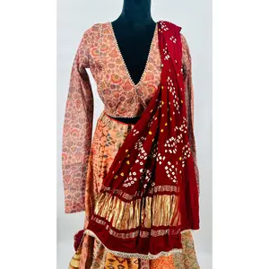 Organza Choli with Patoda Shades & Gajji Silk Bandhani Dupatta – V-Neck Full Sleeve Design with Tassels (Size 38–44, Alteration Available)