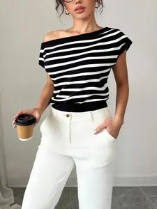 Women's Fashionable Asymmetrical Shoulder Striped Hem Knit T-Shirt, Summer Spring Inner Layer, Casual Style, Comfortable Fit, Fitted, Womenswear