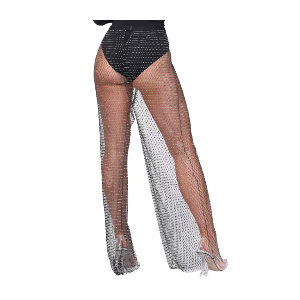Mesh Fishnet Pants Black Rhinestone See Through Leggings Crystal Cover Up Rave Festival Nightclub Party Summer Beach Clubwear Body Accessories Jewelry for Women and Girls (110cm) Breathable Womenswear Shiny