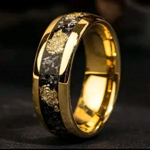 Men's Tungsten Gold Flake Wedding Band Ring with Unique Gold Flake Design and Elegant Gold Finish