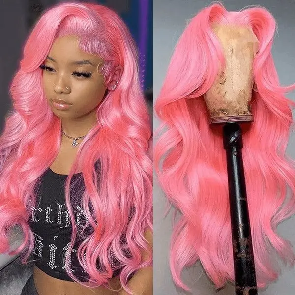 Pink Lace Front Wig Human Hair 28 Inch Pink Human Hair Wig 180 Density Body Wave Lace Front Wigs Pre Plucked 13x6 HD Lace Frontal Wigs Colored Glueless Wig
