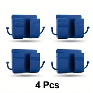 Blue Self-Adhesive Phone Holders With Charging Cable Hooks - Wall-Mounted, Multi-Purpose Storage For iPhone & For Android Devices