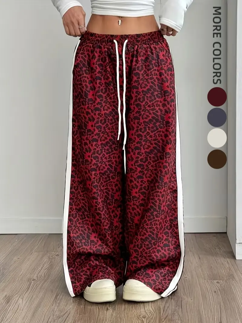 Women's Leopard Print Wide-Leg Pants - Casual Fashion Women's Clothes with Drawstring Waistband, Side Stripes, Loose-Fit Comfort, Loose Fit Pants, Polyester, Animal Pattern Pants, All Season