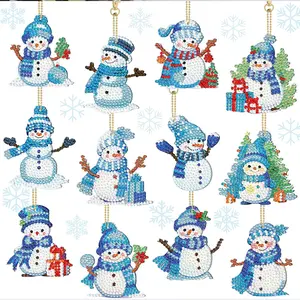 12 Pcs Snowman Diamond Painting Keychains, 5D DIY Christmas Hanging Decorations, Home Craft Ornaments, Festive Holiday Gifts