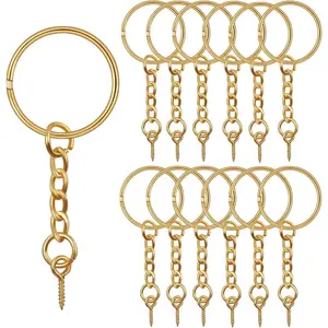 BronaGrand 50pcs 25mm Split Key Ring with Extend Chain and 12mm Screw Eye Pin for Craft Charm Making,Gold