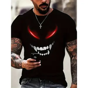 Men's Devil Smile Print T-Shirt - Short Sleeve Crew Neck Casual Top with Devil Face & Smile, Loose Fit for Daily Wear, Year-Round, Care (Hand Wash/Dry) - Stylish for - Outfits & Social Events