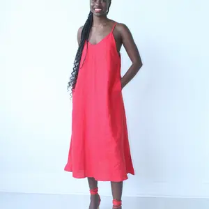 Red Linen Dress A-Line Elegant Casual