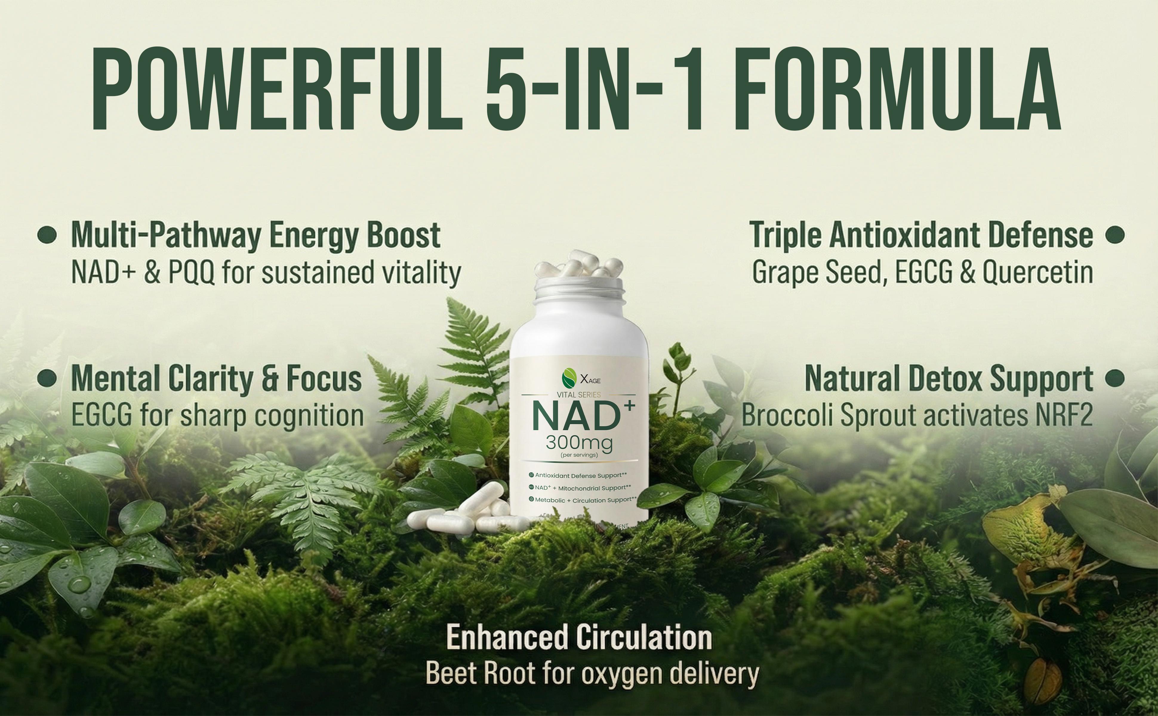 XAGE Vital Series Daily NAD+ Vitality Formula - Cellular Energy & Antioxidant Support, 60 Caps