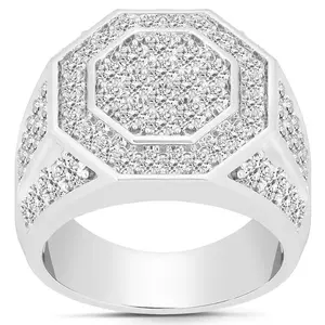 3Ct Men's Diamond Hexagon Cluster Ring 10k White Gold