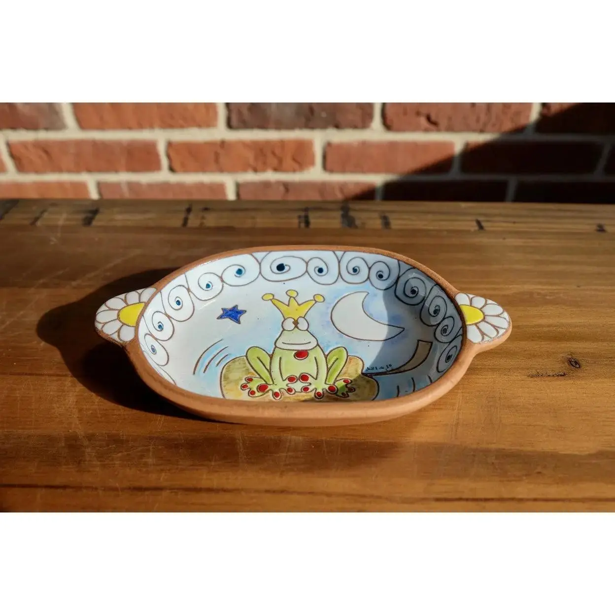 Handmade Ceramic Small Handled Oval Fairy King Frog Dish - 7.25 in L, 8 oz Sturdy Pottery Tray, Ideal for Tea Serving, Moon-Themed Cultural Collectible for Collectors