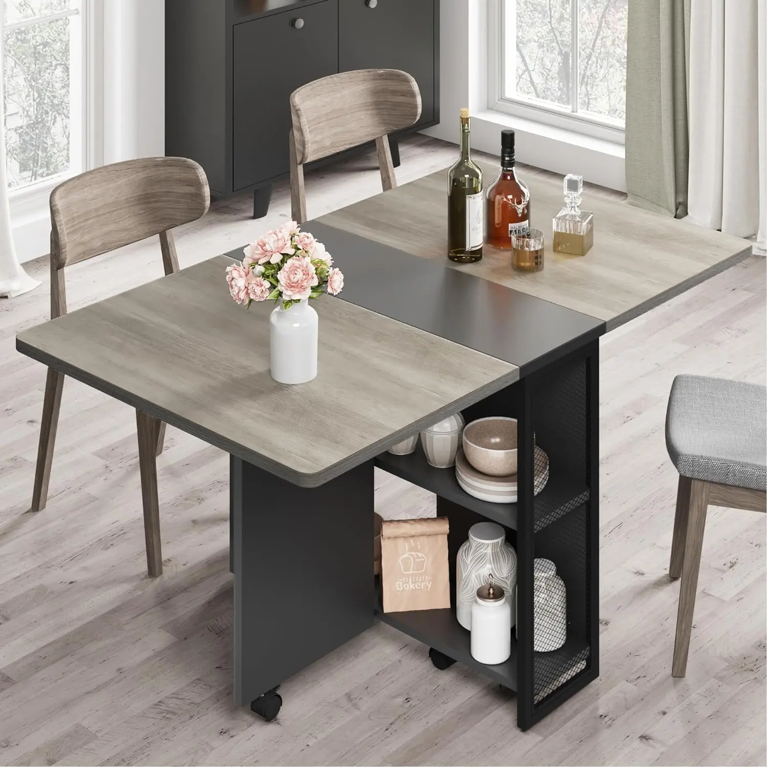 Farmhouse Extensible Drop Leaf Dining Table - Carlo Grey Space-Saving Folding Table with 2-Tier Storage, Wheeled Base, Extensible Size, Supports 4-6, 50.1" D x 31.4" W x 29.5" H for Kitchen Dining Room