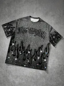 Men's Fashion Street Sport T-Shirt, Creative Los Angeles Diamond Star Fire Print, Long Loose-Fit Tee for All Seasons