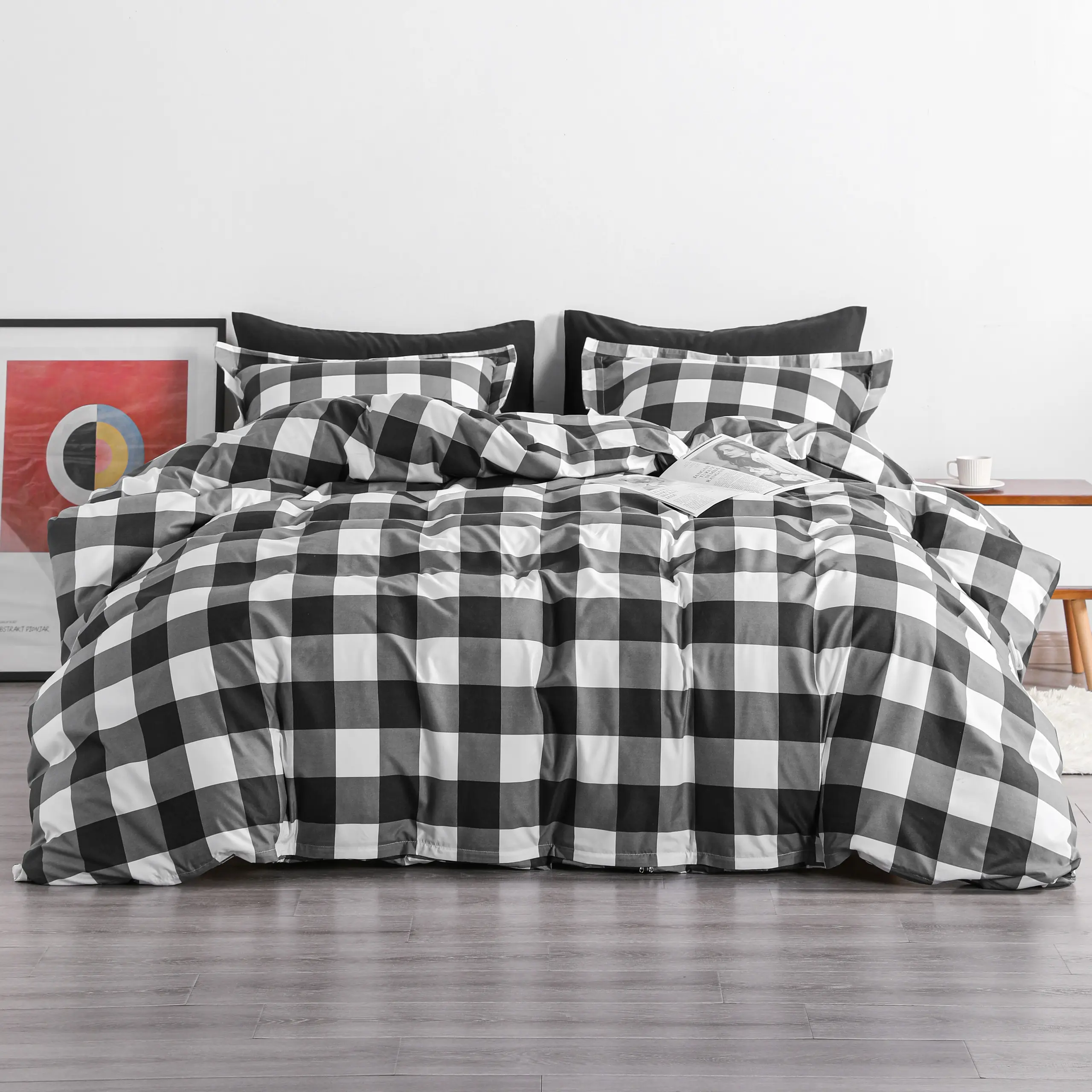 Bedsum Microfiber Duvet Cover Set, Ultra Soft Check Printed Comforter Cover Set with Zipper Closure and Corner Ties