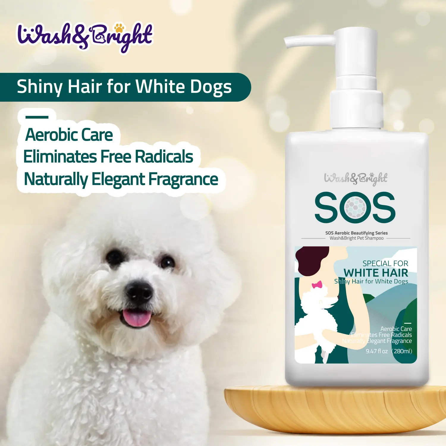 Wash & Bright SOS Dog Series, Shiny Hair for White Dogs Pet Shampoo, Brightening Shampoo for White-Coated Dogs, Oxygenated Care, Free Radical Removal, Naturally Elegant Fragrance
