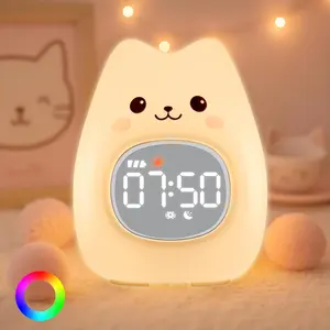 Cat Alarm Clock Night Light for Kids 7 Color Silicone Touch Lamp with Dual Alarms 5 Ringtones Snooze Rechargeable Bedside Clock for Bedroom Perfect Birthday Holiday Gift