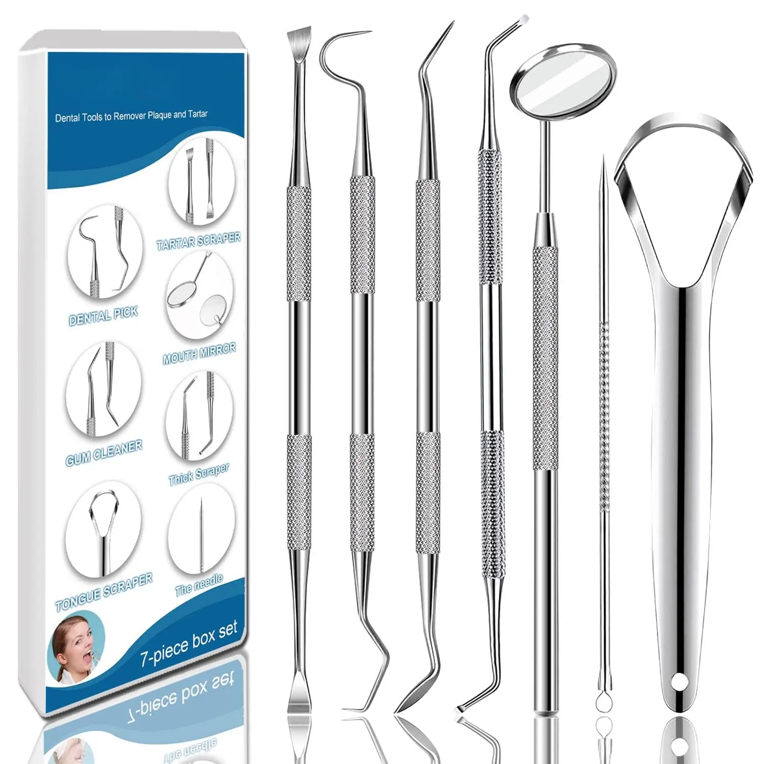7pcs Durable Professional Stainless Steel Oral Care Kit - Dental Pick, Tooth Scraper, Plaque Tartar Cleaner, Tongue Scraper, Storage Case for Personal Teeth Cleaning
