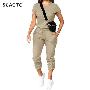 scacto Women's 2-Piece Comfortable Polyester Suit - Solid Color, Batwing Shortsleeve Round Neck Top, Fitted Drawstring Pocket Pants, High Stretch, Minimalist Basic Summer Matching Sets for Nightclub Wear