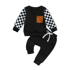 Toddler Baby Boy Girl Clothes Checkered Color Block Long Sleeve Sweatshirt with Pants Set 2Pcs Fall Winter Outfits