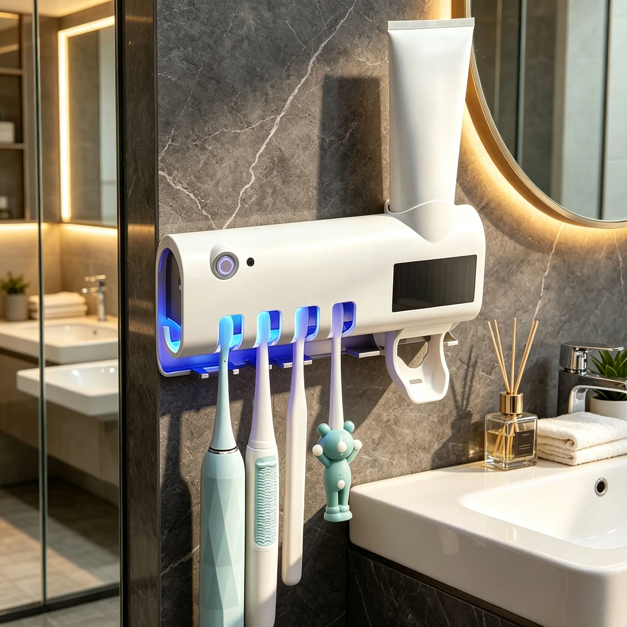 ABS Plastic Tooth Care Toothbrush Holder - Drill-Free Wall-Mounted Smart Sterilizer, Automatic Toothpaste Dispenser, Bathroom Countertop Storage Rack, Tooth Care Toothbrush Holders