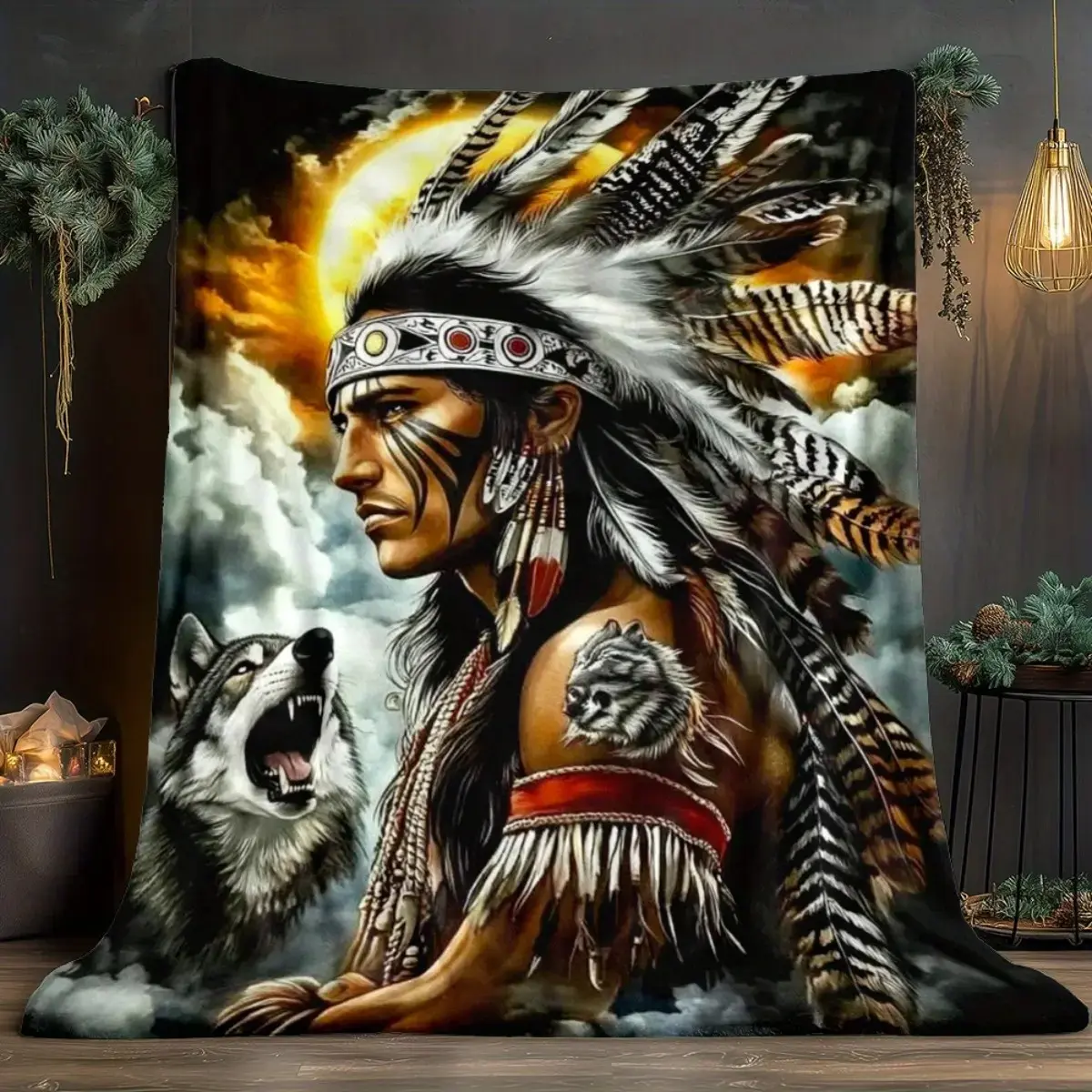 Southwestern Tribal Print Throw Blanket with Warrior & Wild Wolf Graphics, Brown & Blue Ethnic Polyester Fabric, Lightweight Washable Cultural Art for Indoor Use, Rustic Home Decor Accessory