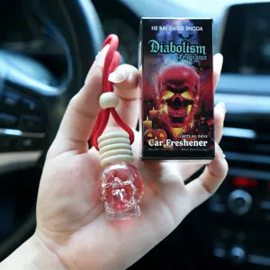 0.27oz Skull Shaped Glass Perfume Bottle - Refillable Leakproof Car Hanging Diffuser Gothic Decor Halloween Gift