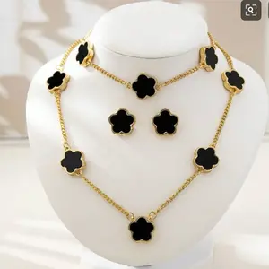 Gold Plated Black Clover Flower Jewelry Set - Necklace & Earrings