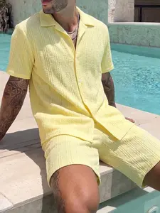 Men's Summer Textured Button Front Short Sleeve Shirt & Elastic Waist Shorts Set, Breathable Fabric Casual Vacation