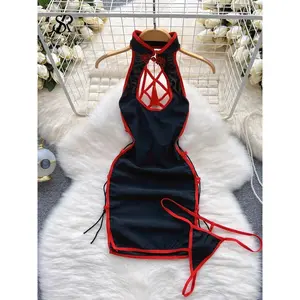 Women Halter Pajamas Dress Hollow Out Lace-up Slim Erotic Short Night Dress Pendant Retro Cheongsam Sexy Nightwear