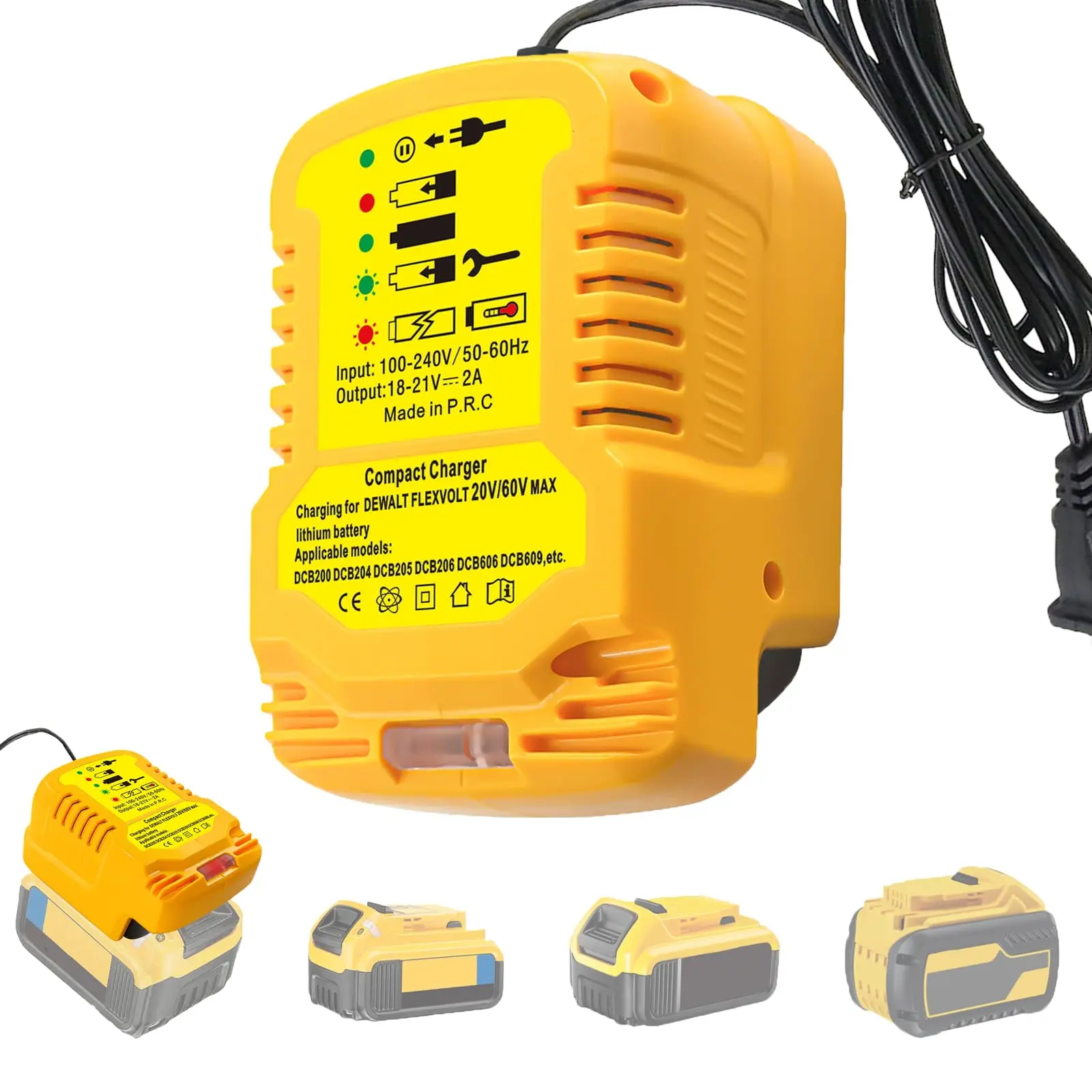 Mini Battery Charger for DeWalt 20V 60V Battery, 2A Compact Replacement Charger for DeWalt 18V/20V/60V MAX Lithium Battery DCB201 204 206 207 200 203 (Not for 12V)