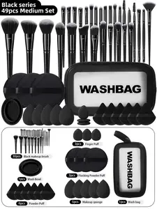 49pcs Makeup Tool Set Including 30 Makeup Brushes, 5 Beauty Sponges, Beauty Sponges For Liquid Makeup, 6 Triangular Sponge Puffs, 3 Finger Puffs , 1 Waterproof Makeup Bag, 1 Makeup Brush Cleaning Bowl, And 3 Large Round Facial Setting Powder Puffs.