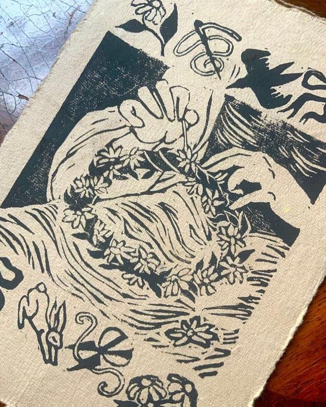 Flower Crown Handmade Linocut Block Print 5x7 Inches - Delicate Linen Paper Artwork with Wildflower Daisy Chain Sewing Girly Bows Perfect for Soft Wall Decor or Gifting