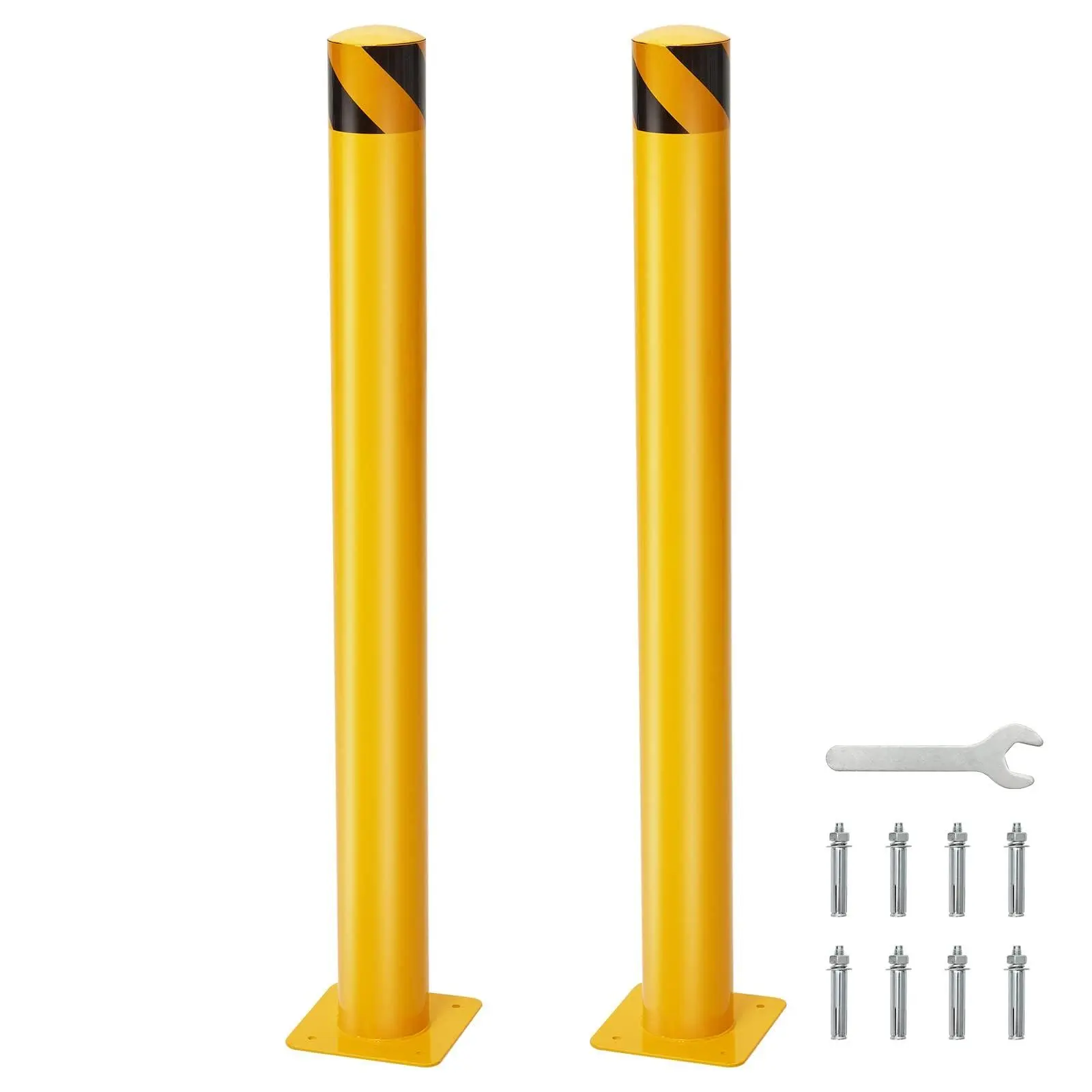 2-Pack 36 Inch Steel Safety Bollards, 4.5 Inch Diameter Parking Bollard Post with 8 Anchor Bolts, Yellow Safety Steel Bollard Post for Driveway Barrier, Traffic Control & Storefront Protection