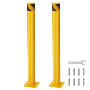 2-Pack 36 Inch Steel Safety Bollards, 4.5 Inch Diameter Parking Bollard Post with 8 Anchor Bolts, Yellow Safety Steel Bollard Post for Driveway Barrier, Traffic Control & Storefront Protection