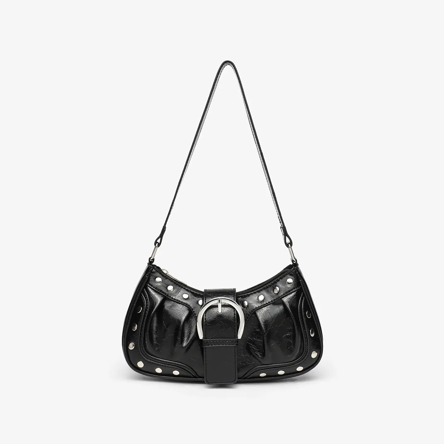 Retro Studded Buckle Ruched Faux Leather Shoulder Bag for Women, Casual Underarm Handbag, Daily Commute Streetwear Party Fashion Bag