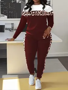 Leopard Print Patchwork Casual Spring Summer Set, Round Neck Long Sleeve Top & Pants Two-Piece, Women's Fashion Clothing
