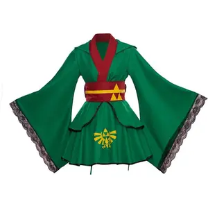 Women's Zelda Link Kimono Cosplay Costume Female Green Lolita Kimono Dress for Halloween