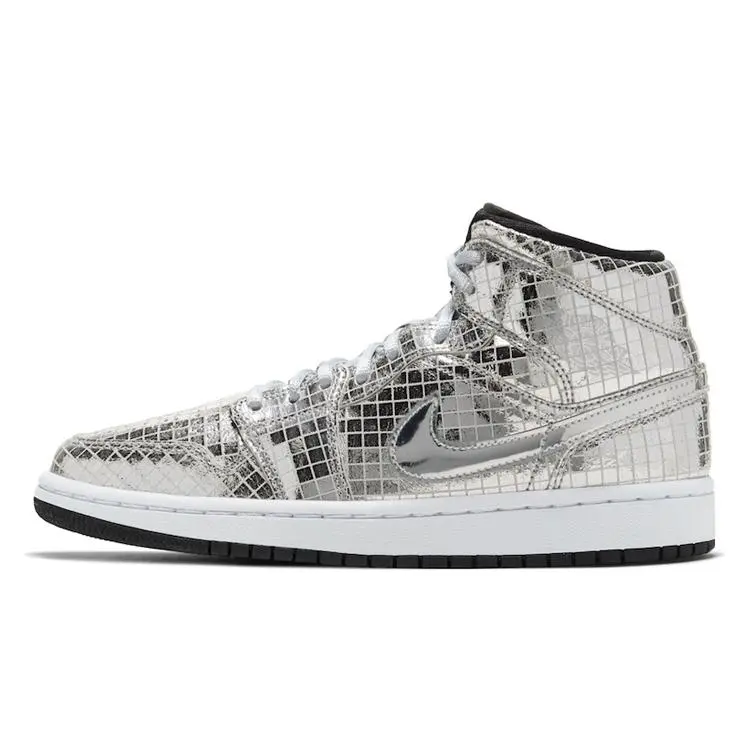 Jordan 1 Mid SE Disco Metallic Silver Retro Comfort Basketball Shoes Women's CU9304-001
