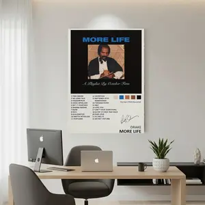 Framed 1pc  More Life Album Rapper Music Poster Canvas Wall Art - es, Vibrant Blue & Black Design with Playful Typography, Premium Canvas for Living Room & Bedroom Decor, Modern Urban Aesthetic, Hiphop Decor | Sleek Design | Highquality Print, Music