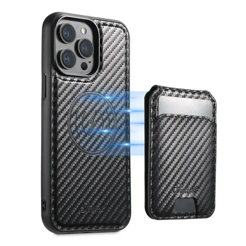 2in1 Durable Carbon Fiber Wireless Phone Case & Detachable Card Wallet Casing, Magnetic PU Leather Cover for iPhone 17 Pro Max/17 Air/17 Pro/16-13 Pro Max, MagSafe Compatible, Credit Card Slots, Flip Kickstand, Button Protection, Mobile Accessories