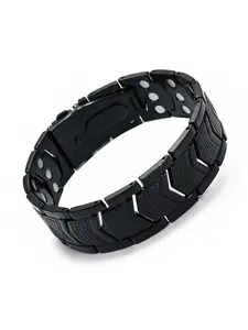 Black Stainless Steel Copper Bracelet for Men, Powerful 3800 Gauss Magnets Fold-Over Clasp Durable Wearable Jewelry, Stylish Adjustable Link Bracelet for Men Casual Business Daily Wear & Gifts