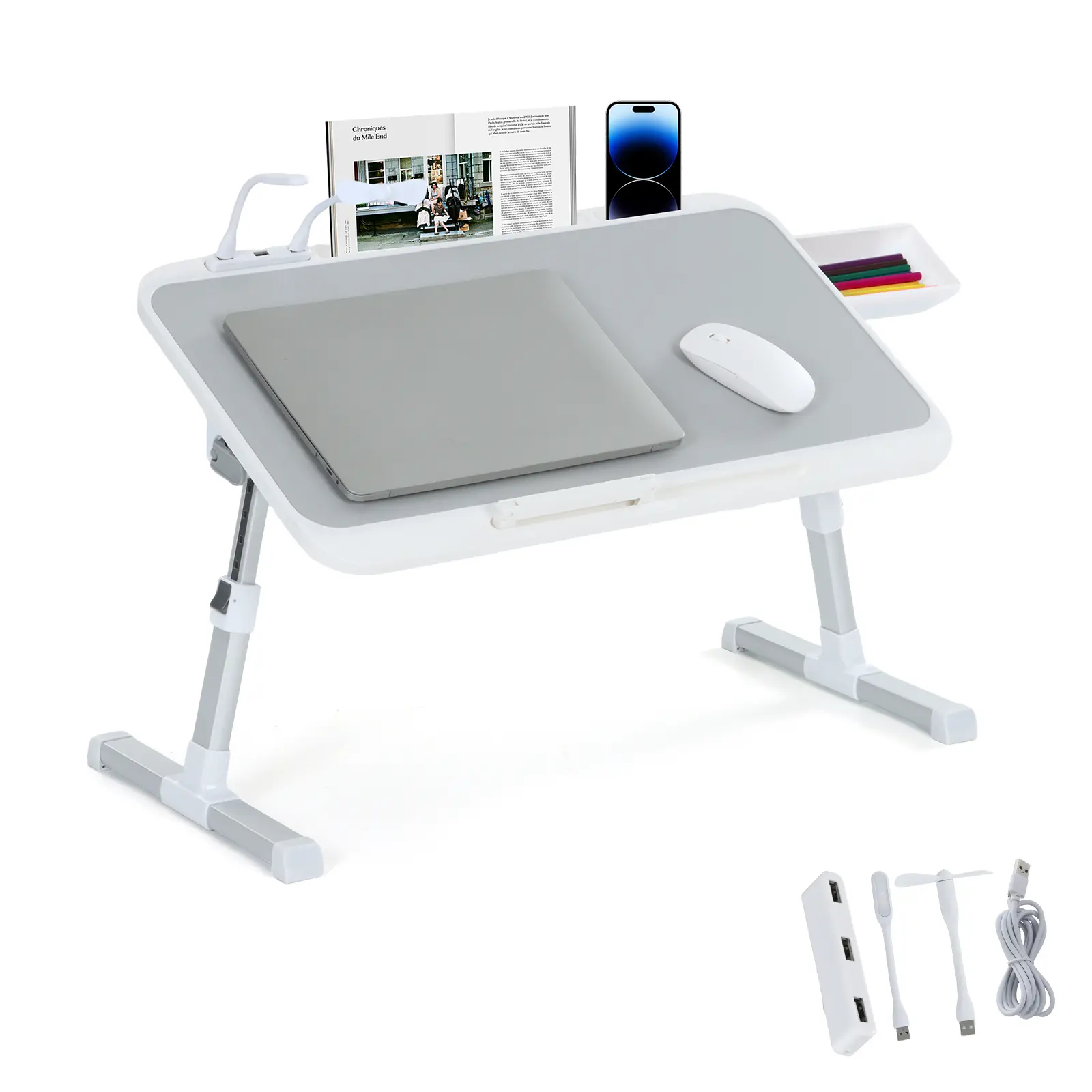 Portable Adjustable Lap Desk with USB Ports, LED Light, Cooling Fan, and Storage Drawer – Ideal for Laptops, Reading, Writing, and Relaxing