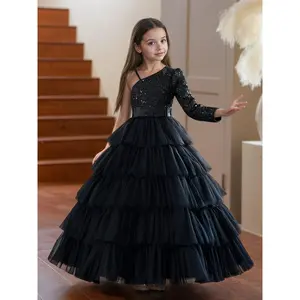 Girls' Elegant Sequin Party Dress , Sleeveless A-Line Long Formal Gown with Ruffled Hem & Mesh Back , Birthdays Weddings Christmas Halloween Occasions , Machine Washable , Black , Kids' Dress
