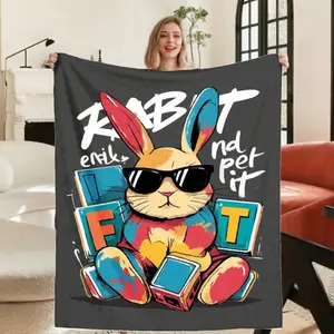 Modern Graffiti Rabbit with Fashion Glasses RABT Lettering Flannel Blanket Soft Lightweight All Season Bedspread Black Multicolor Retro Design for Sofa Bed Camping Cozy Home Decor in Orange Blue Pink Yellow Green Red Purple Brown Christmas Room Decor Rugs