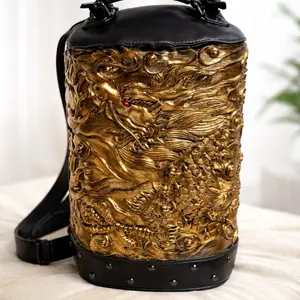 Black-Gold Functional Backpack with Embossed Mythical Print and Dragon Motif (SKU: 3234)