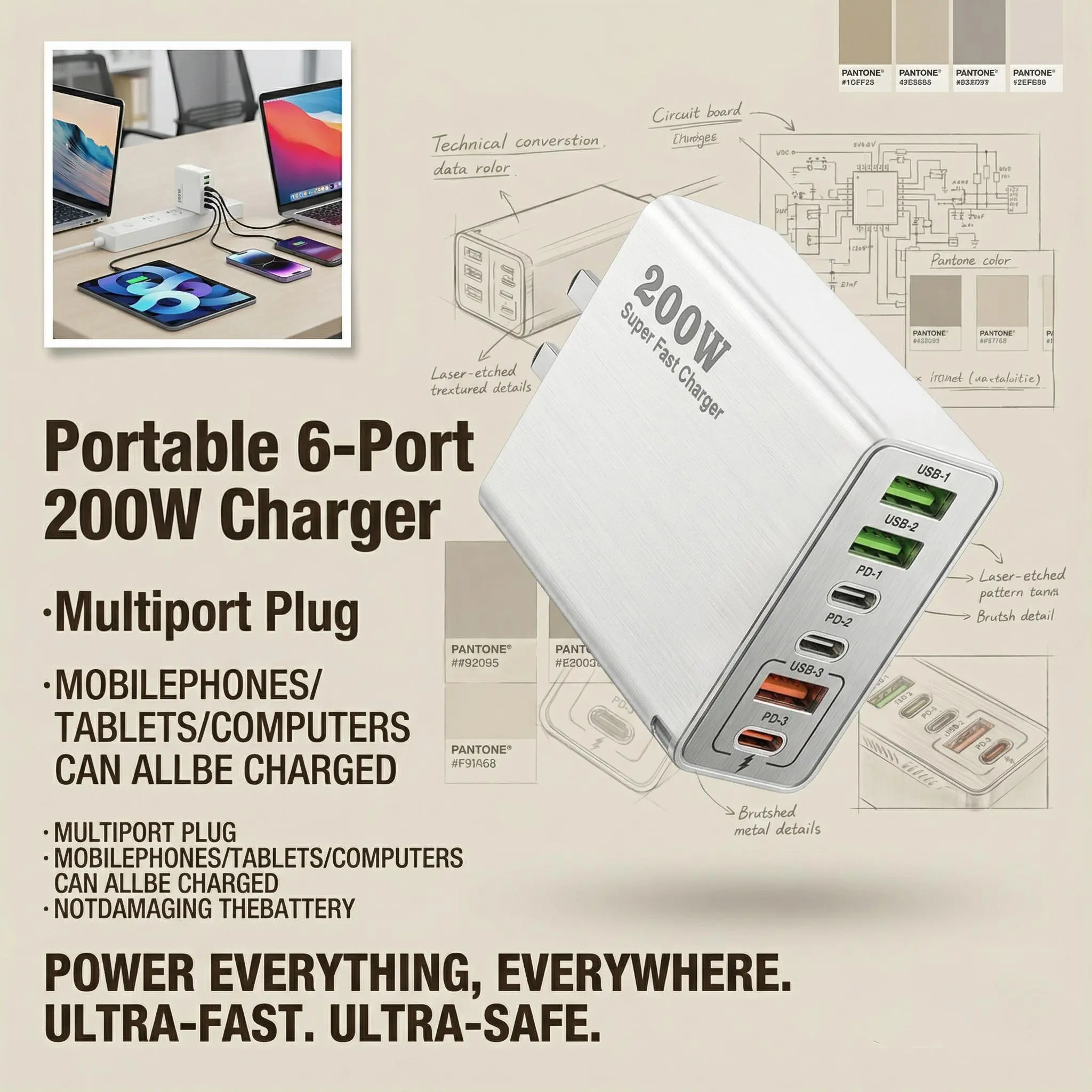 200W 6-in-1 Smart USB-C Multi-Device Charger with USB-A Ports, Compact EU Plug 240V Quick Charge Device for On-the-Go Travel, Compatible with Smartphone, iPhone 17-12 Pro Max/XS, iPad, Switch, Samsung Ultra 2