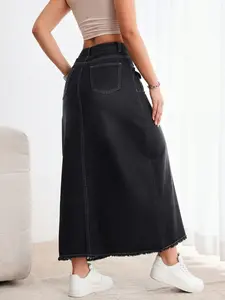 Women's Casual Stretch Mid Rise Long Denim Skirt Women Button Down Mid-Length Streetwear Denim A Line Skirt Womens Elegant And Stylish Style Elastic Hip Skirt Long Dress with Furry Edges Womenswear Bottom Coat Cotton