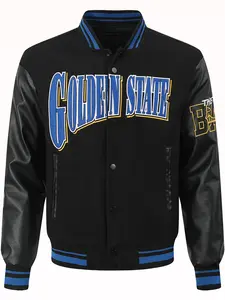 Men's  Black Baseball Jacket Casual Fashion High-End Embroidered Button-Up PU Long Sleeve College Style Streetwear Sportswear Aesthetic